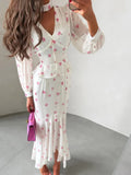 White Pink Floral Choker Neck Dress Women Elegant V-neck 3/4 Sleeves Peplum Ruffle Hem Long Dresses 2026 Lady Daily Vestidos New