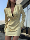 Women's Satin Floral Print Wrap Mini Dress Long Sleeve V Neck Wrinkle Lace Up Slim Short Dress Summer Party Casual Dress