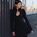 White Lace Up Short Dress Women's Elegant Stand Collar Long Sleeve Slim A Line Party Evening Gown Retro Summer Dress