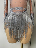 Sparkly Crystal Diamond Sexy Sheer See Through Shining Tassels Dress Long Sleeve Prom Dress Birthday Party Performance Dress