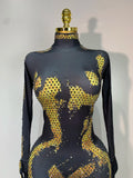 Stock Women Sexy Club Evening Party Wear Drag Queen Singer Dancer Stage Performance Costume Sparkly Rhinestone Stretch Jumpsuit