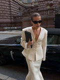 Women 2026 Spring Summer Blazer Two Piece Deep V Neck Peplum Waist Button Top Mermaid Long Skirt Commute Matching Set