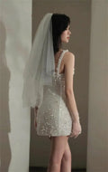 Customized White Spaghetti Strap Wedding Dresses Sleeveless Lace-Up Elegant Bridal Gowns Beaded Mini Wedding Gowns