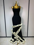 Women Black Sleeveless Ruffles Patchwork Maxi Bandage Dress 2025 Celebrity Elegant Evening Party Gowns Fashion Show Outfit