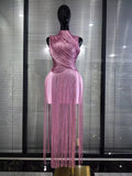 Pink Skyblue Women Sexy O-Neck Bodycon Bandage Long Tassels Gowns Dress Elegant Evening Party Birthday Homecoming Outfit