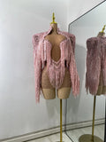 Sexy Mesh See Through Rhinestones Two Pieces Dress Coat Sets Women Sparkly Tassels Performance Singer Dancer Stage Costume