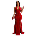 Sexy Halter Backless Velvet Dress Women Lace Up High Side Split Bodycon Maxi Evening Night Club Party Long Dresses Vestidos