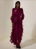 Solid Spliced Ruffles Folds Fashion Dresses for Women Tie a bow collar Long Sleeves High Waist Lace Up Maxi Dress Female