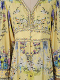 Yellow Floral Print Puff Sleeve Maxi Dress for Women Deep V Neck High Waist Asymmetrical Ruffle Hem Skirt for Garden Parties