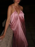 Elegant Backless Evening Dress for Women V Neck Sleeveless High Waist Patchwork Folds Loose Maxi Dresses Female New