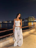 White Floral Print Two Piece Set Spaghetti Strap Ruffle Corset Top Strap Wide Leg Pants 2026 Summer Street Casual Women Outfit
