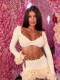 Women's White Skirts Set Sexy V-neck Long Sleeve Ruffled Crop Tops & Mini Skirts With Layered Hem Lady 2026 Chic Party Outfits