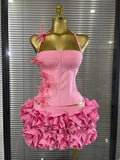 High Quality Women Sexy Halter Full Florals 2 Pieces Bodycon Bandage Set Birthday Party Photoshoot Celebrate Cocktail Outfit