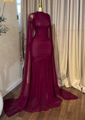 Burgundy High Neck Mesh Cape Sleeve Mermaid Gown Ruched Bodycon Long Dress Wedding Birthday Party Evening Party Dresses