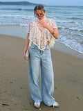 Sexy Cape Style Lace Perspective Top Women Half High Neck Short Sleeve Solid Irregular Pullover Lady Chic Casual Beach Top Cloth