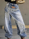 Women Jeans High Waist Deconstructed Layered Patchwork Washed Tassel Fringe Streetwear Fashion Autumn