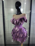 Purple Color Women Sexy Shining Rhinestones Mesh See Through Bodycon Mini Dress Sequined Celebrate Nightclub Party Birthday Wear