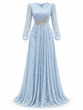 Fashion V Neck Lace Long Puff Sleeve Floor Length Dress for Women Ruched Waist Rhinestone Decoration for Banquet Gala Event