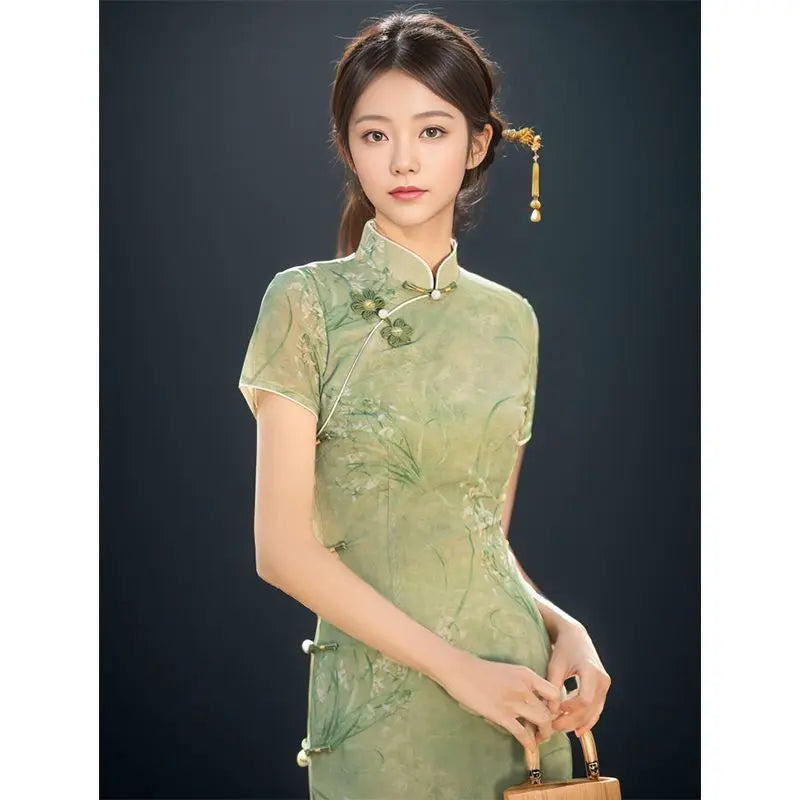 Olive Girl Green Romantic Qipao for Garden Wedding 2026 Fairycore Photoshoot Everyday Wear S-XXL XS-3XL Plus Size Romantic Garden Party Editorial Not Costume Qipao Cheongsam Chinese Dress Chinese Heritage Fashion Women