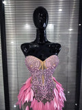 Skyblue Pink Women Sexy Strapless Shining Rhinestones Mesh Bodycon Mermaid Dress Celebrate Birthday Party Cocktail Outfit