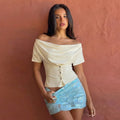 Women Summer Top Fashion Button-Front Patchwork V-Neck Pleated Fitted Top New Casual High-Street Party Female T-Shirts