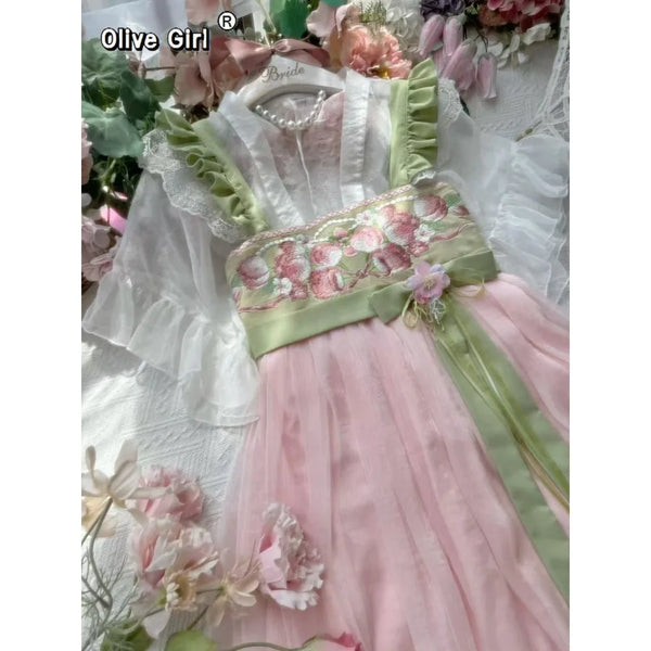Olivegirl Hanfu Dress Sweet and Cute Chest Embroidered Dress Summer Daily Set Women's Clothes Cosplay