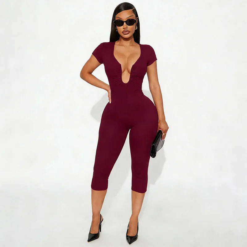 Weird Puss Irregular Low-Neck Playsuit Women Trend Wild Sexy Short Sleeve Patchwork Classic Fashion Simple Stretch Streetwear