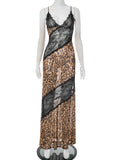 Mesh Patchwork Mermaid Dress Women Leopard Print Sexy Low-Neck Cleavage Backless Ruched Midnight Fashion Long Bodycon