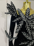 Shiny Diamond Velvet Sexy Side Slit Floor Length Dress With Gloves Women Chic Birthday Banquet Show Host Nightclub Stage Wear