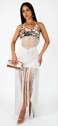 Sexy Cutout Crochet Beach Dress 2026 Summer Women One Shoulder Backless Knitted Sequined Fringe Tassel Midi Dress Clubwear