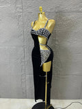 Luxury Glamorous Black Asymmetrical Velvet Rhinestone Dress Dinner Cocktail Event Party Stage Performance Dress