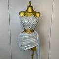 Newest  Sparkly Silver Sequins Sexy Strapless Short Dress Two Pcs Set Women Party Birthday Nightclub Singer Dancer Stage Wear