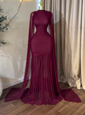 Burgundy High Neck Mesh Cape Sleeve Mermaid Gown Ruched Bodycon Long Dress Wedding Birthday Party Evening Party Dresses