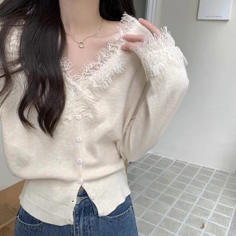White Lace Knitted Cardigan for Women Elegant V Neck Button Sweater Cardigans Knitwears New Winter Autumn Clothing Black Jumpers