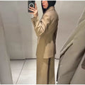Elegant Blazer Jacket Pant Set Women Slim Fit Solid Lapel Double Breasted Coat Wide Leg Pant 2026 Spring Lady Commute Outfit New