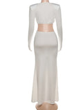 Waistless Elegant Dress Women Classic Full Sleeve Padded Bra Deep v-Neck Metal Buckle Hipster Simple Skinny Vestidos