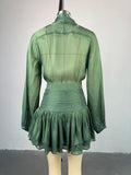 New Women's Skirt Two Piece Set Chiffon Bow Tie Top High Waisted Drawstring Mini Dress Suit Ladies Sexy See Through