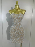 Women Sparkly Rhinestones Sexy Strapless Mesh See Through Mini Dress Birthday Party Evening Cocktail Dress Nightclub Stage Wear