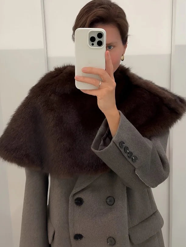 Elegant Fur Shawl Skirt Women's Suit Fashionable Solid Loose Shawl Fitted Fur-Lined Midi Skirt Set Autumn Winter Female