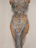 Women Sparkly Diamond Tassel Silver Strapless Mesh See Through Dress Latin Dance Bar Nightclub Party Club Dancer Stage Wear