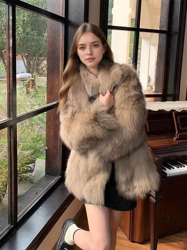 Women's Faux Fox Fur Coat Long Sleeve Lapel Collar Fluffy Thick Warm Short Mid Fall Winter Daily Street Fashion Outerwear 2026