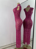 Luxury Crystal Diamonds Long Party Dress Sexy Mesh Sleeveless See Through Evening Prom Birthday Women's Clothing Singer Wear