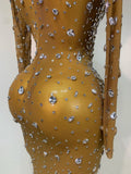 Women Sparkly Diamonds Mesh See Through Bodycon Dress Evening Birthday Party Sexy Nightclub Bar Stage Costume