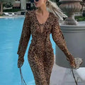 Sexy Chiffon Leopard Printing Dress for Women V Neck Long Sleeve Patchwork Lace Up Split Evening Club Maxi Dresses