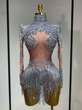 Women Long Sleeve Sexy Stretch Bodycon Shinning Tassels Rhinestones Bodysuit Celebrate Birthday Club Evening Party Stage Outfit