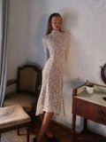 Elegant White Lace Midi Dress Women's Turtleneck Long Sleeve Ruched Bodycon Dresses Evening Party Cocktail Female Winter Autumn