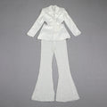 Elegant Beaded pearls blazer pants set Suits women flower white slim blazer +Sexy Mesh See Through sequin Trousers two-piece set