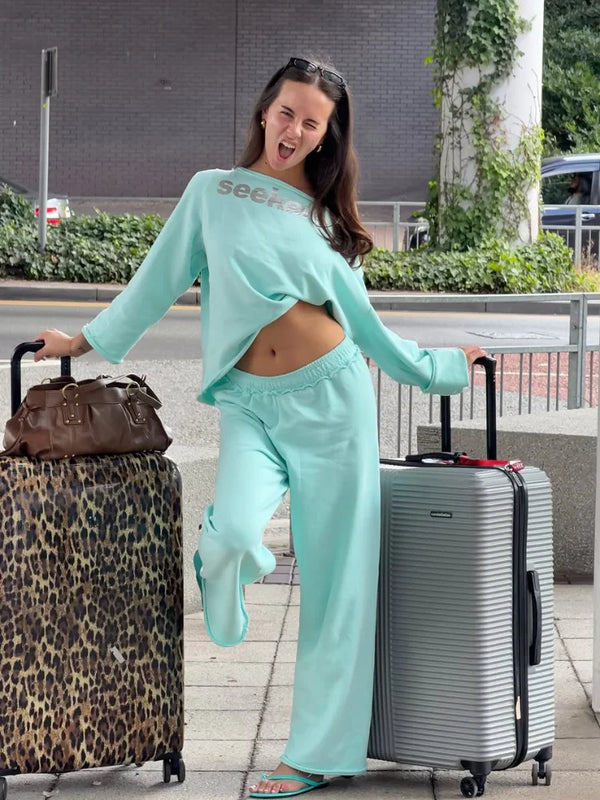 Solid Women Loose Pants Set Letter Print Off Shoulder Long Sleeve Sweatshirt Wide Leg Trousers Chic Casual Loungewear Suit 2026