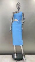 Flower Beads Glam Hollow Waist Slanted Shoulder Blue Dress Fashion Elegant Party Bandage Stage Performance Dress Vestido De Gala