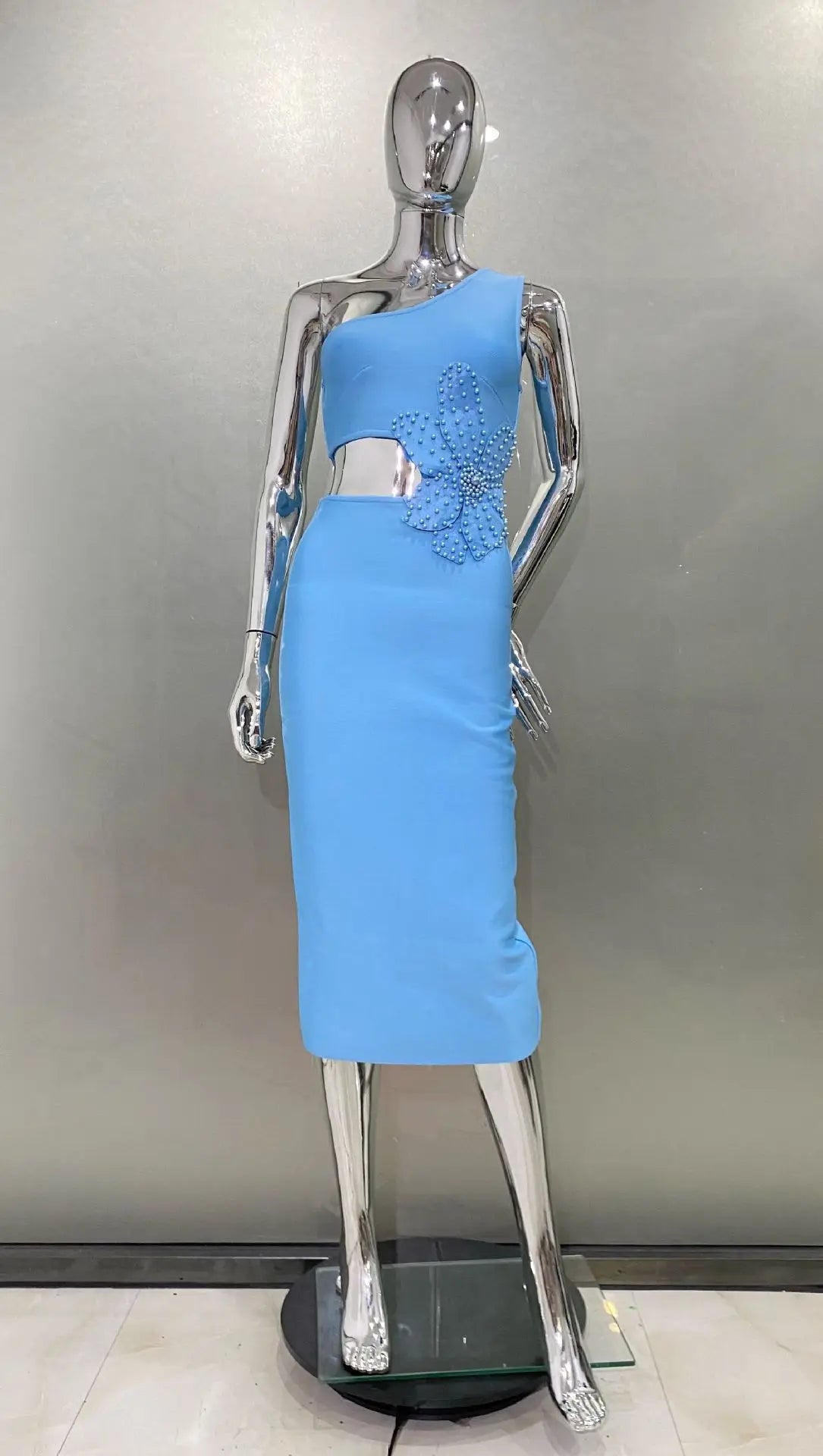 Flower Beads Glam Hollow Waist Slanted Shoulder Blue Dress Fashion Elegant Party Bandage Stage Performance Dress Vestido De Gala